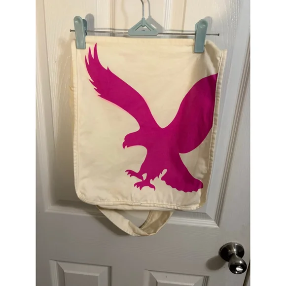 American Eagle Canvas Tote Bag Cream Pink Eagle Logo Shoulder Bag - Picture 2 of 5